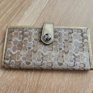EUC Coach Khaki & Metallic Gold & Silver Small Signature C Slim Checkbook Wallet